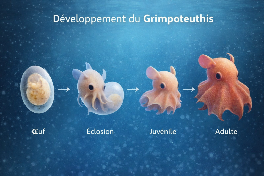 Schéma de développement du grimpoteuthis de l'état d'oeuf avant éclosion jusqu'à l'âge adulte.
